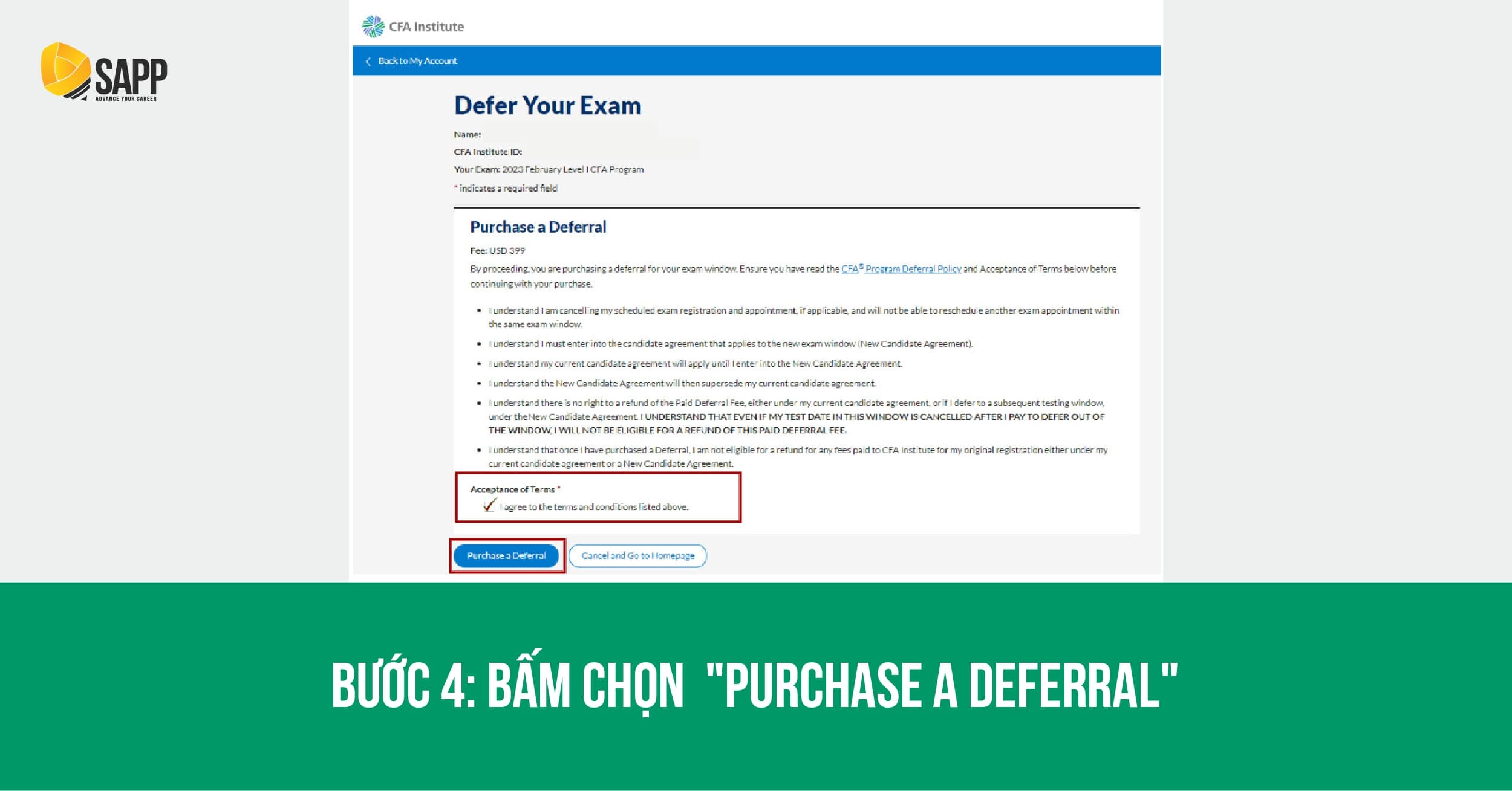 Bước 4 CFA hoãn thi