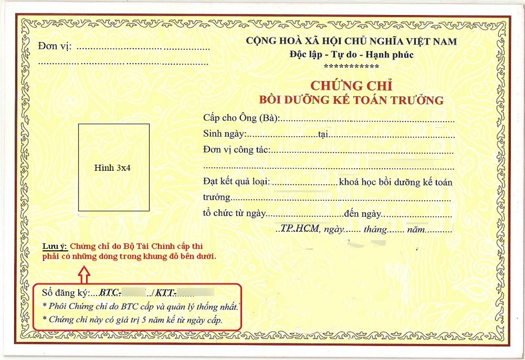 Mẫu chứng chỉ kế toán trưởng