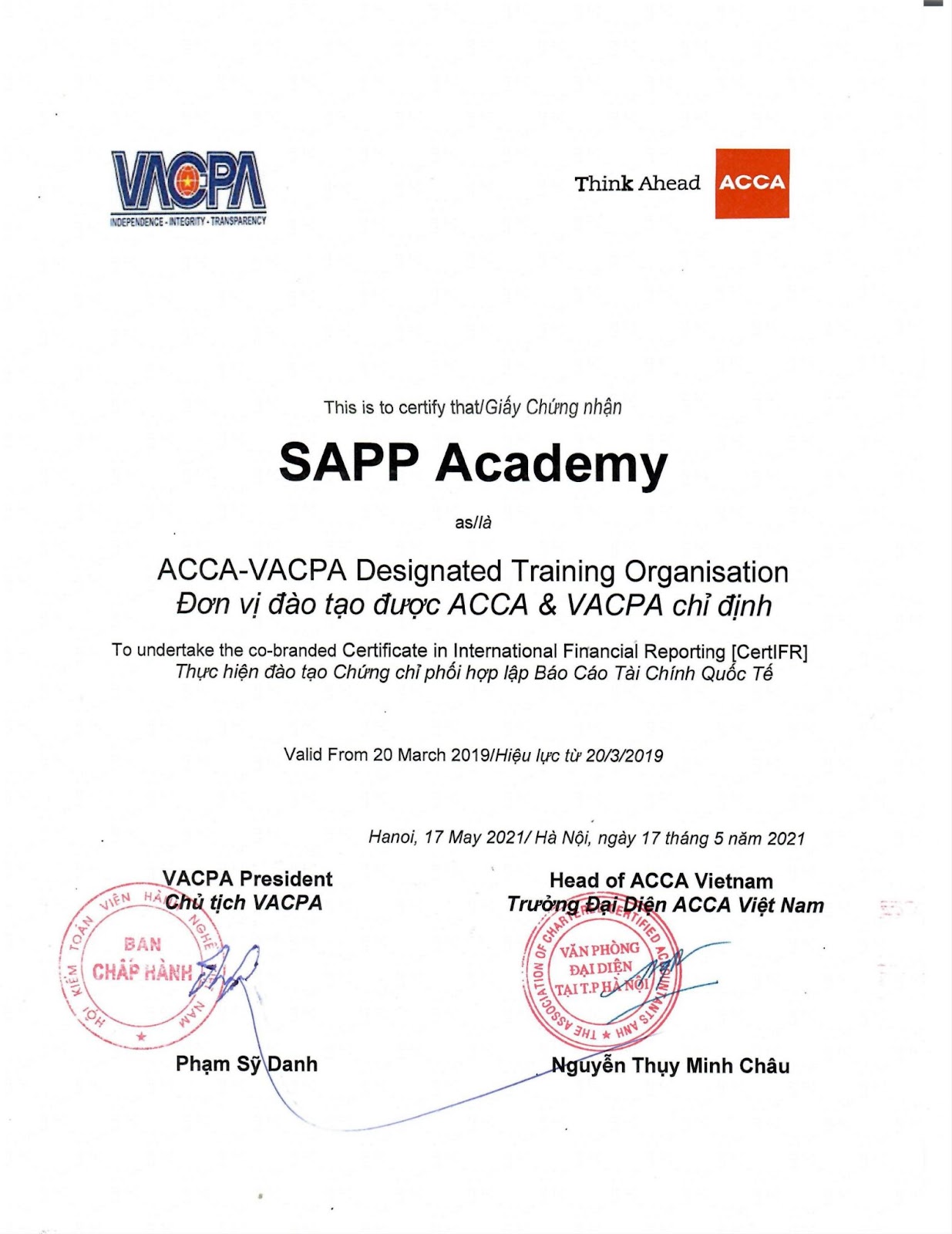 SAPP Academy đơn vị đào tạo được ACCA và VACPA chỉ định đào tạo chứng chỉ CertIFR