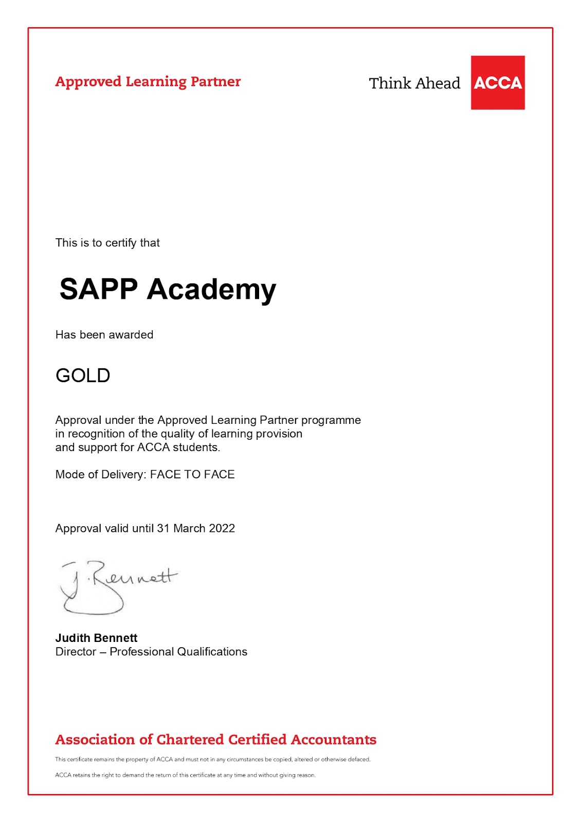 SAPP Academy đã liên tục được công nhận là Đối tác đào tạo chuẩn Vàng của Hiệp hội Kế toán công chứng Anh quốc (ACCA)