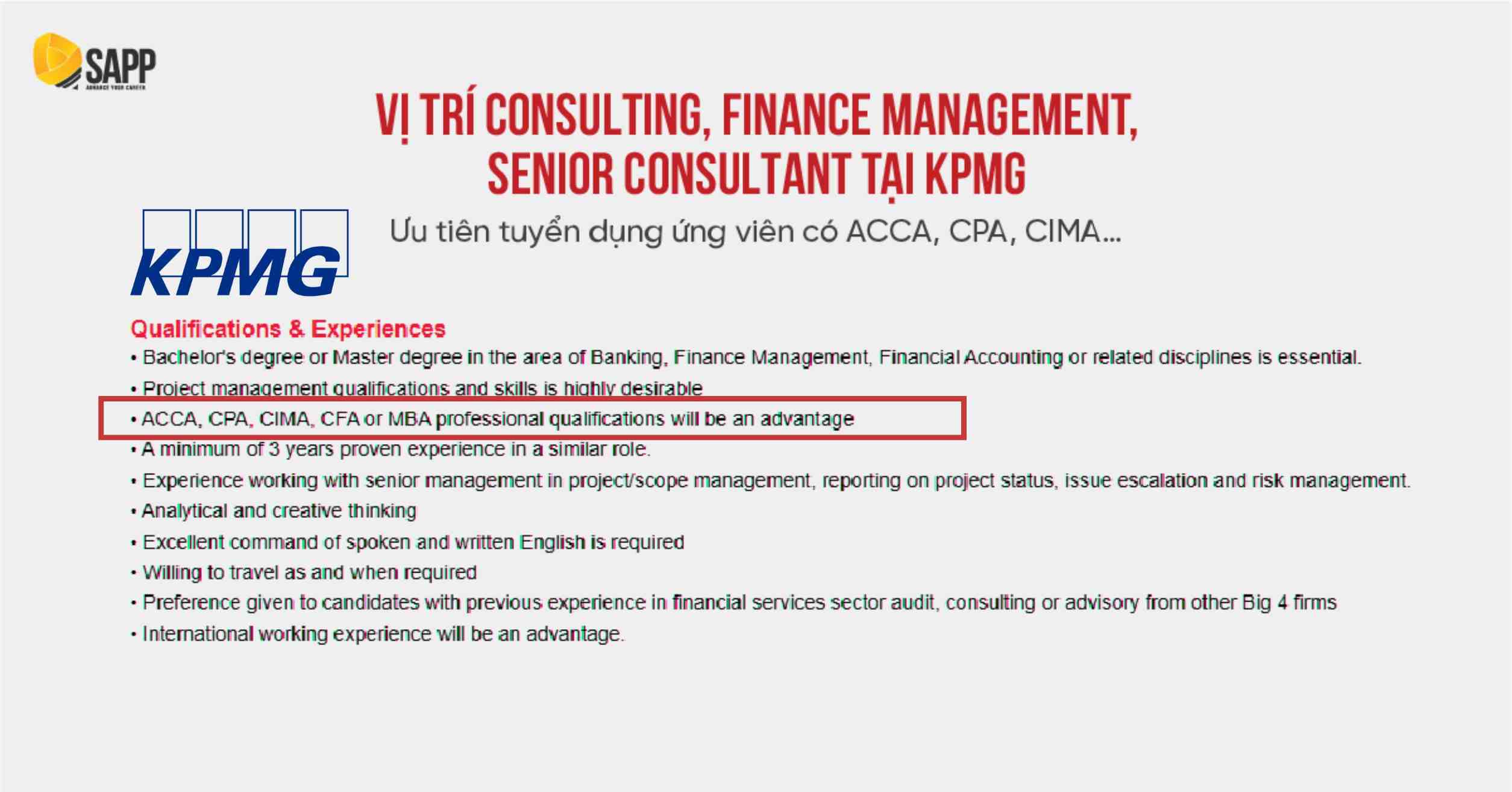 Vị trí cố vấn Tài chính tại KPMG ưu tiên ứng viên có bằng ACCA 