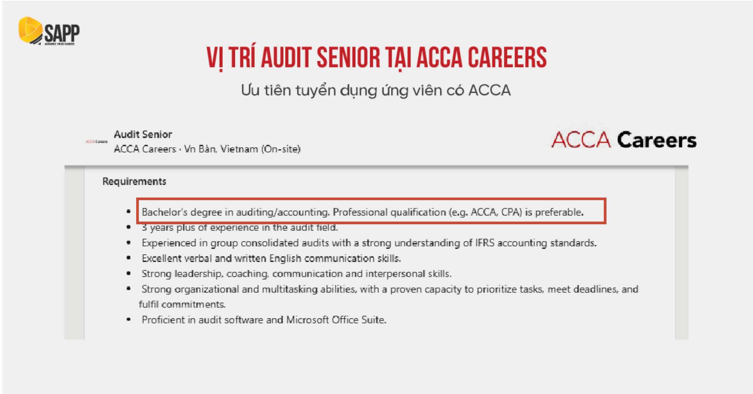 Vị trí Kiểm toán viên tại ACCA Career ưu tiên ứng viên có chứng chỉ nghề nghiệp như ACCA, CPA 