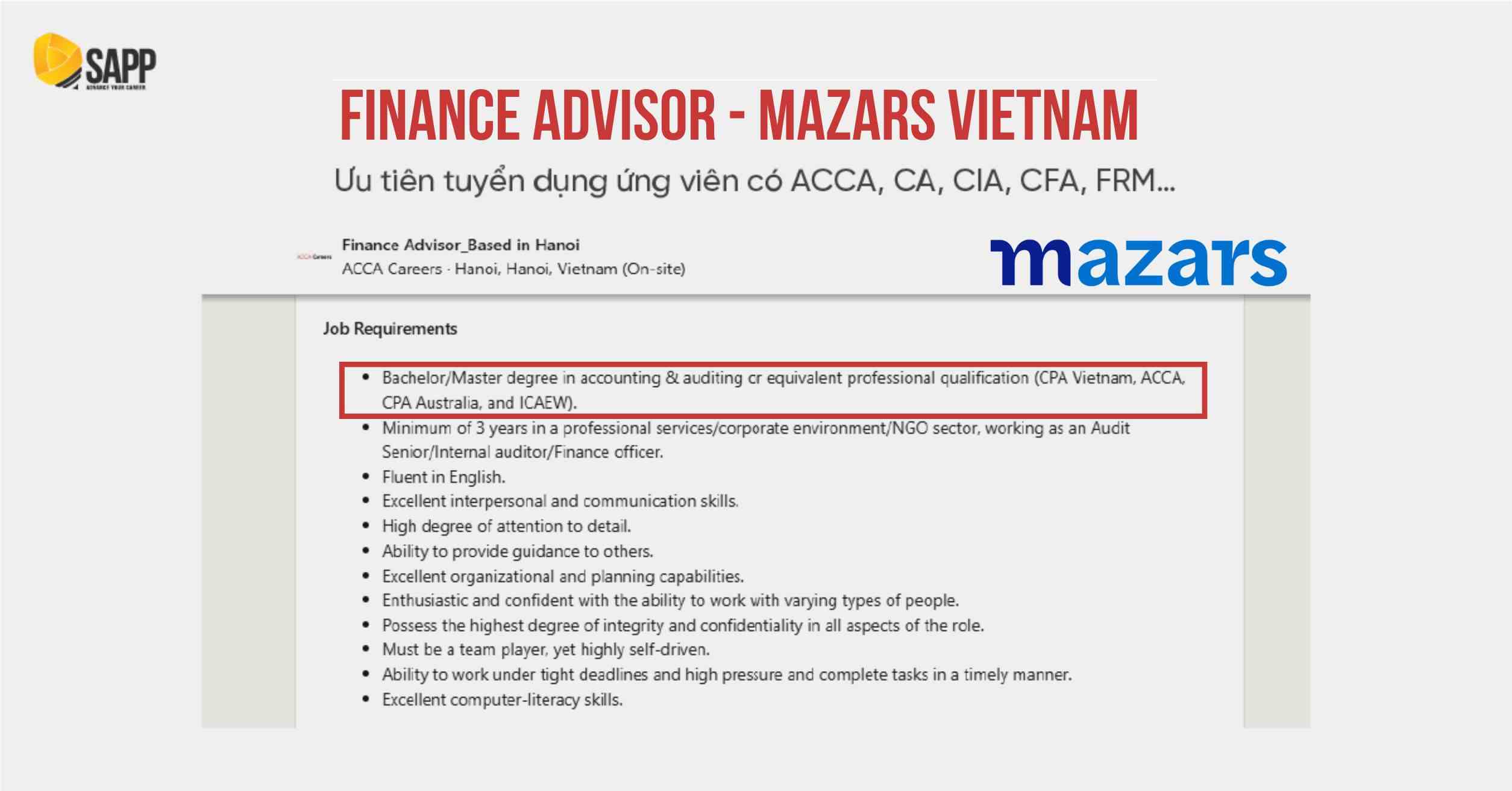 Tuyển dụng vị trí Finance Advisor tại Mazars Vietnam 