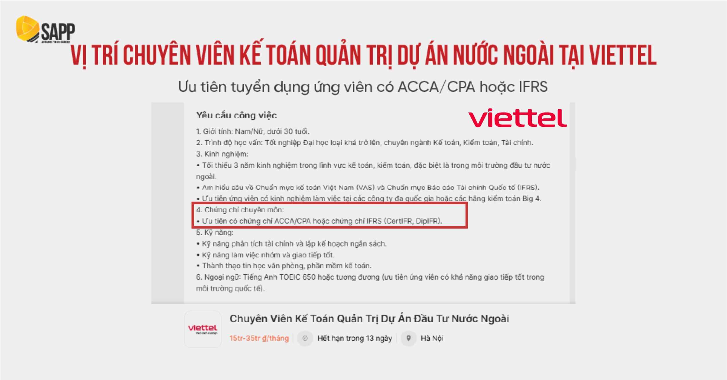 Vị trí Kế toán Quản trị Viettel yêu cầu ứng viên có chứng chỉ ACCA