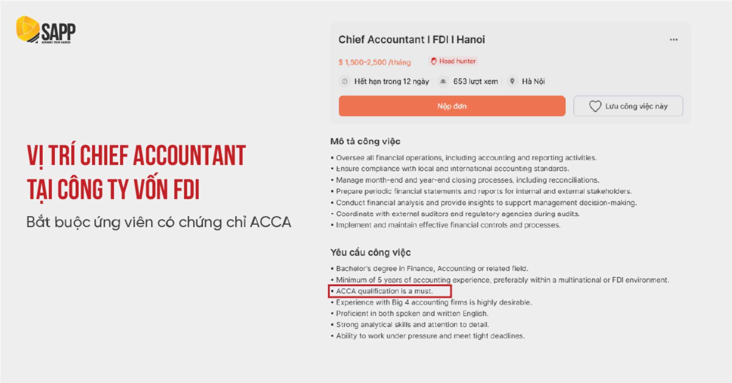 Tuyển dụng vị trí Kế toán trưởng tại công ty FDI yêu cầu ứng viên có chứng chỉ ACCA 
