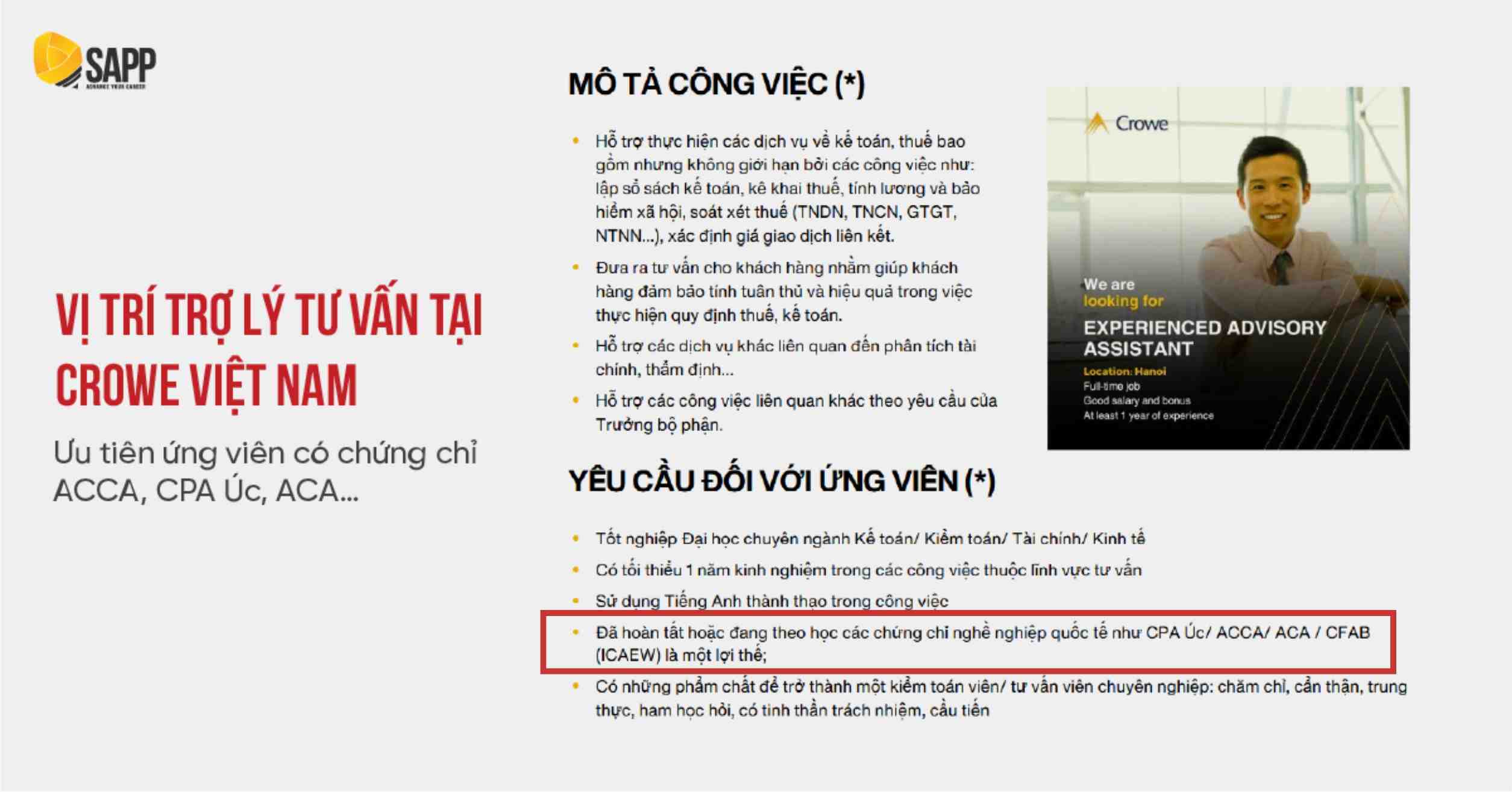Crowe Vietnam tuyển dụng vị trí nhân viên tư vấn Thuế 