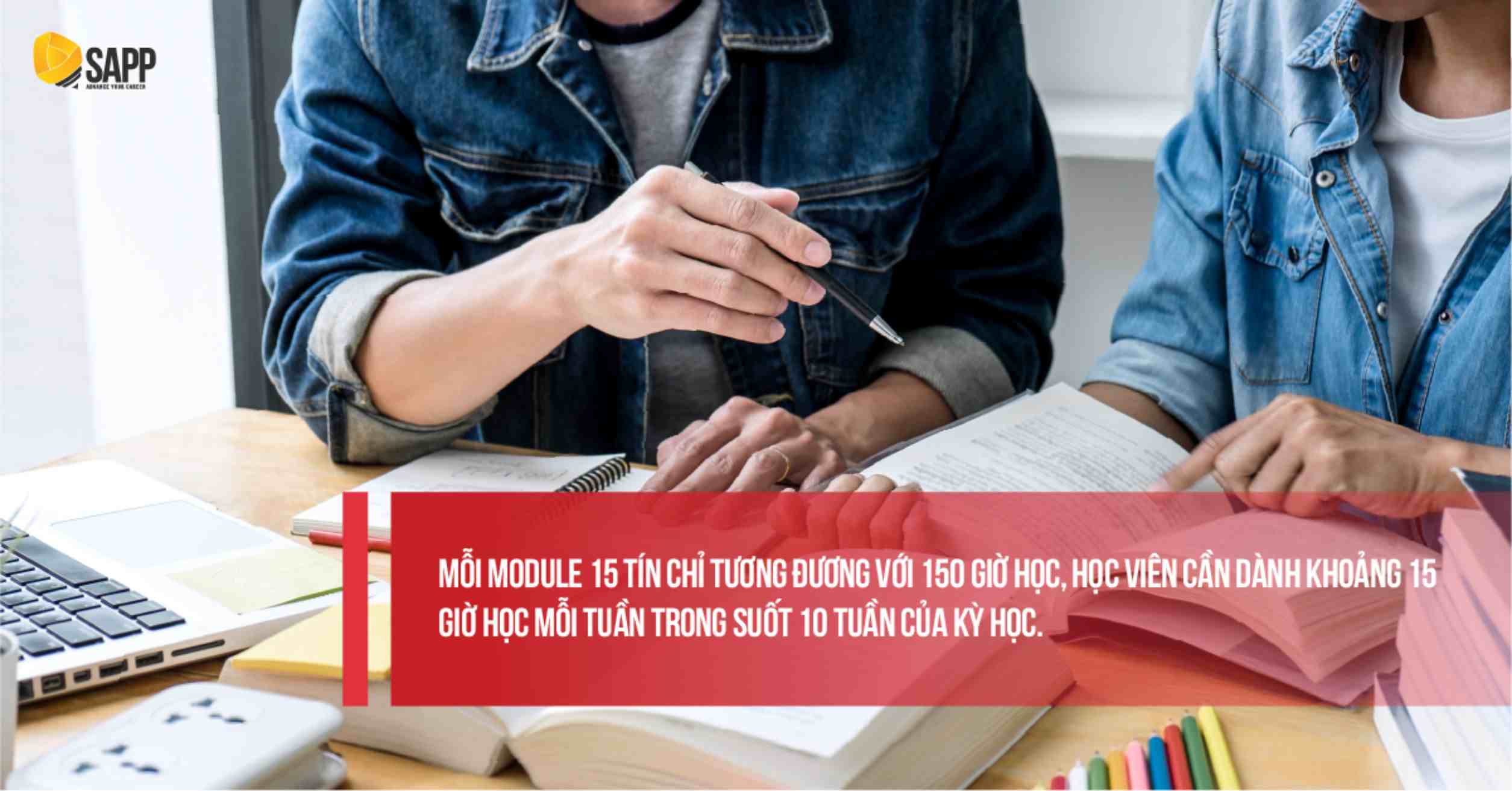 Mỗi module 15 tín chỉ tương đương với 150 giờ học, học viên cần dành khoảng 15 giờ học mỗi tuần trong suốt 10 tuần của kỳ học.
