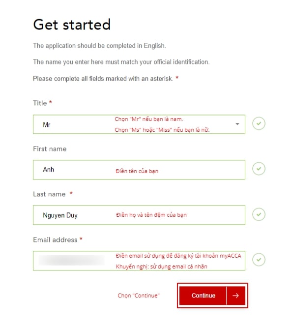 Điền họ, tên, email cá nhân để mở tài khoản ACCA 
