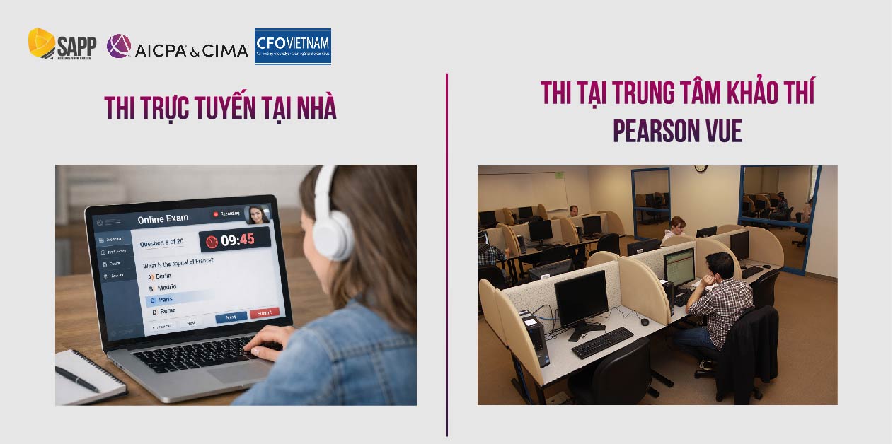 Hai hình thi trực tuyến tại nhà và thi tại trung tâm khảo thí Pearson VUE Hai hình thi trực tuyến tại nhà và thi tại trung tâm khảo thí Pearson VUE
