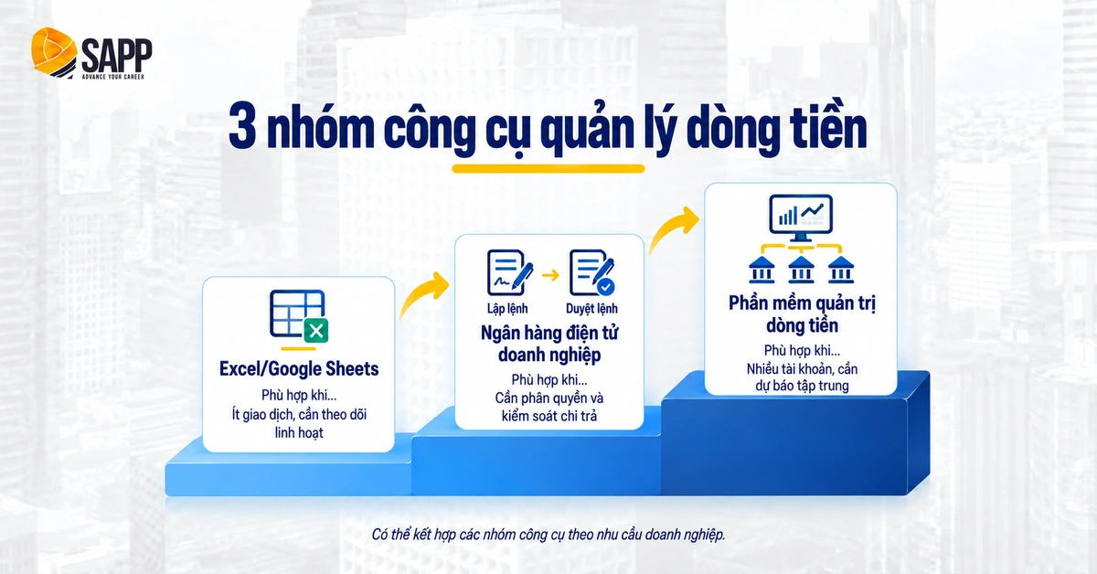 3 nhóm công cụ quản lý dòng tiền cho doanh nghiệp nhỏ: Excel, phần mềm kế toán và ngân hàng số, ERP