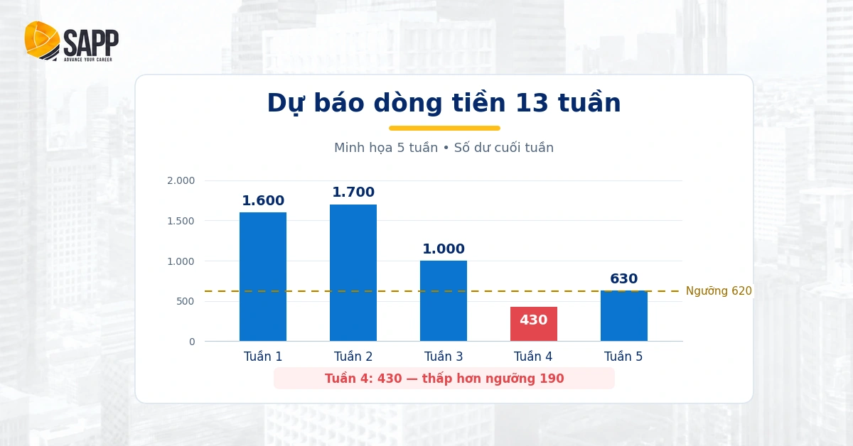 Ví dụ bảng dự báo dòng tiền 13 tuần cho doanh nghiệp nhỏ, tuần 4 xuống dưới ngưỡng tiền tối thiểu