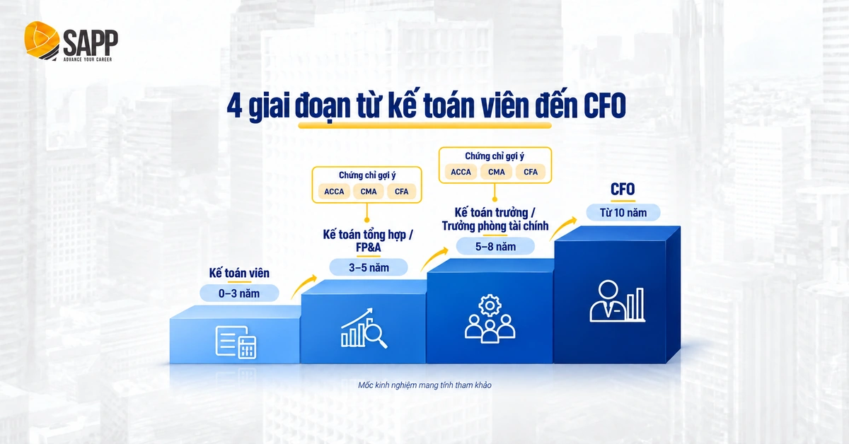 Sơ đồ bậc thang 4 giai đoạn từ kế toán viên đến CFO, kèm chứng chỉ gợi ý