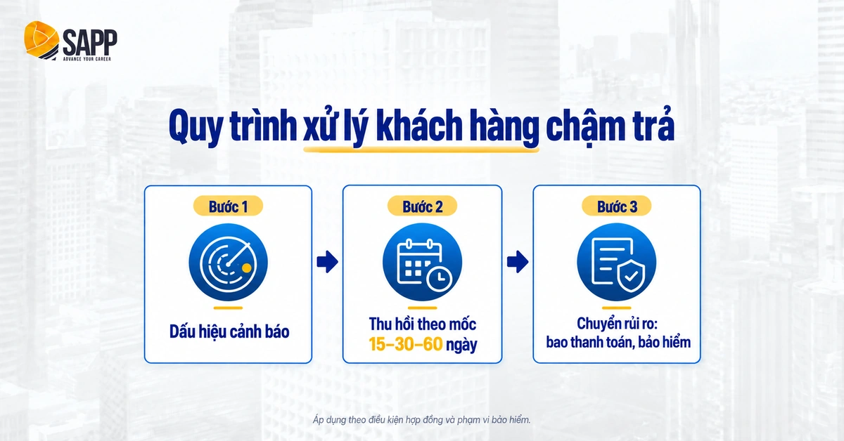 3 bước xử lý khách hàng chậm trả: nhận diện dấu hiệu, thu hồi theo mốc ngày, bao thanh toán hoặc bảo hiểm tín dụng