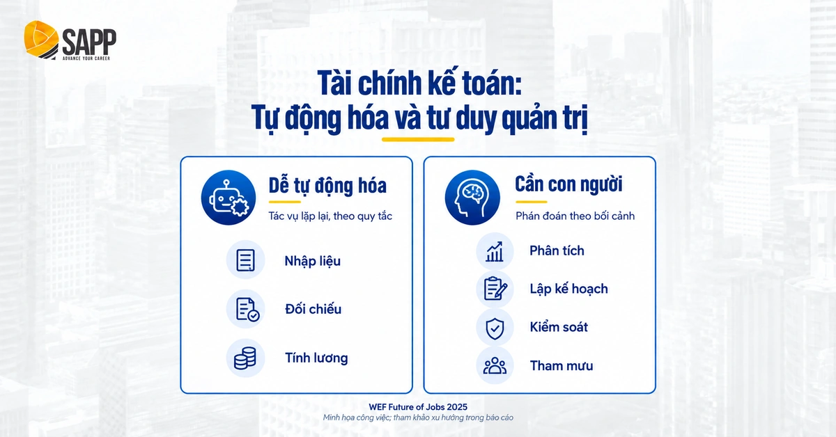 Biểu đồ so sánh công việc dễ bị tự động hóa và công việc cần tư duy quản trị trong ngành tài chính kế toán